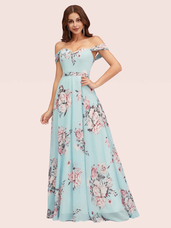 Elegant Floral Chiffon Off Shoulder Side Slit Long Chiffon Graduation Prom Dresses Online