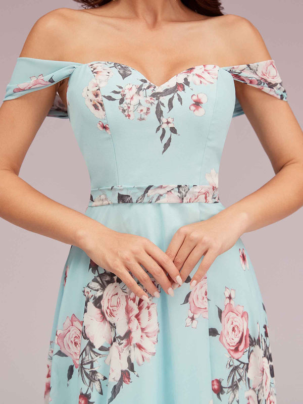 Elegant Floral Chiffon Off Shoulder Side Slit Long Chiffon Bridesmaid Dresses Online