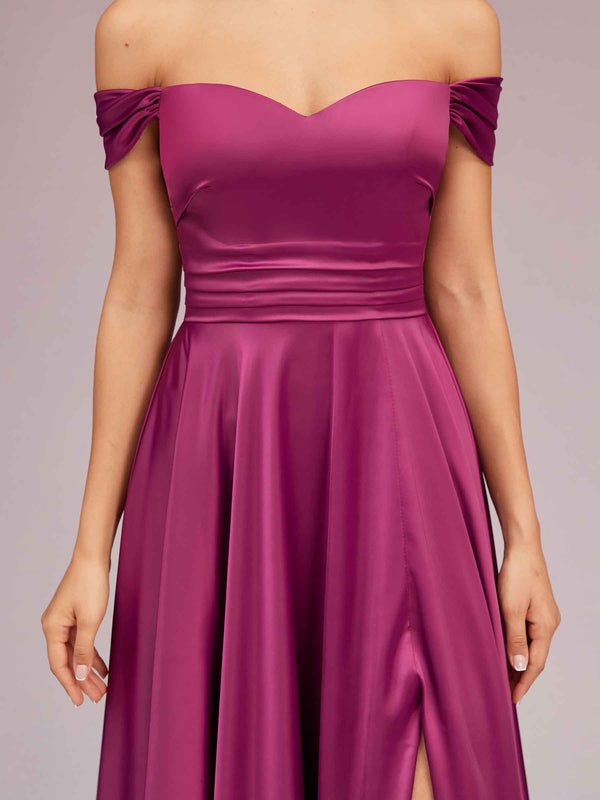Sexy Off Shoulder Side Slit A-Line Long Soft Satin Bridesmaid Dresses Online