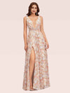 Sexy Deep V-neck Side Slit Unique Long Floral Bridesmaid Dresses Online For Sale