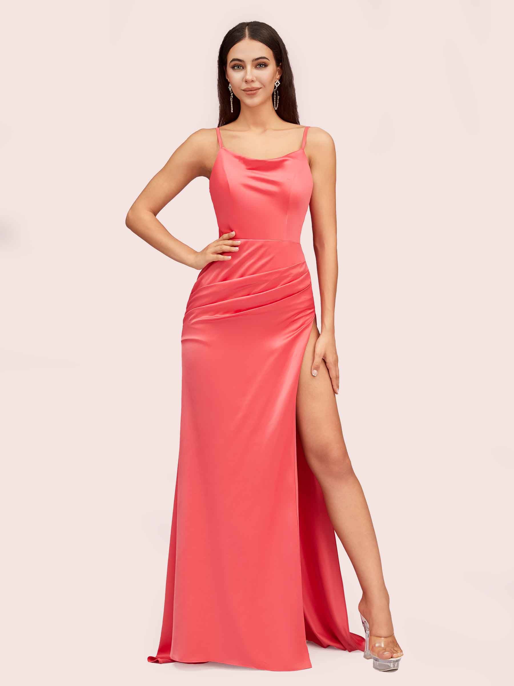 Sexy Spaghetti Straps Mermaid Long Soft Satin Graduation Prom Dresses With Slit