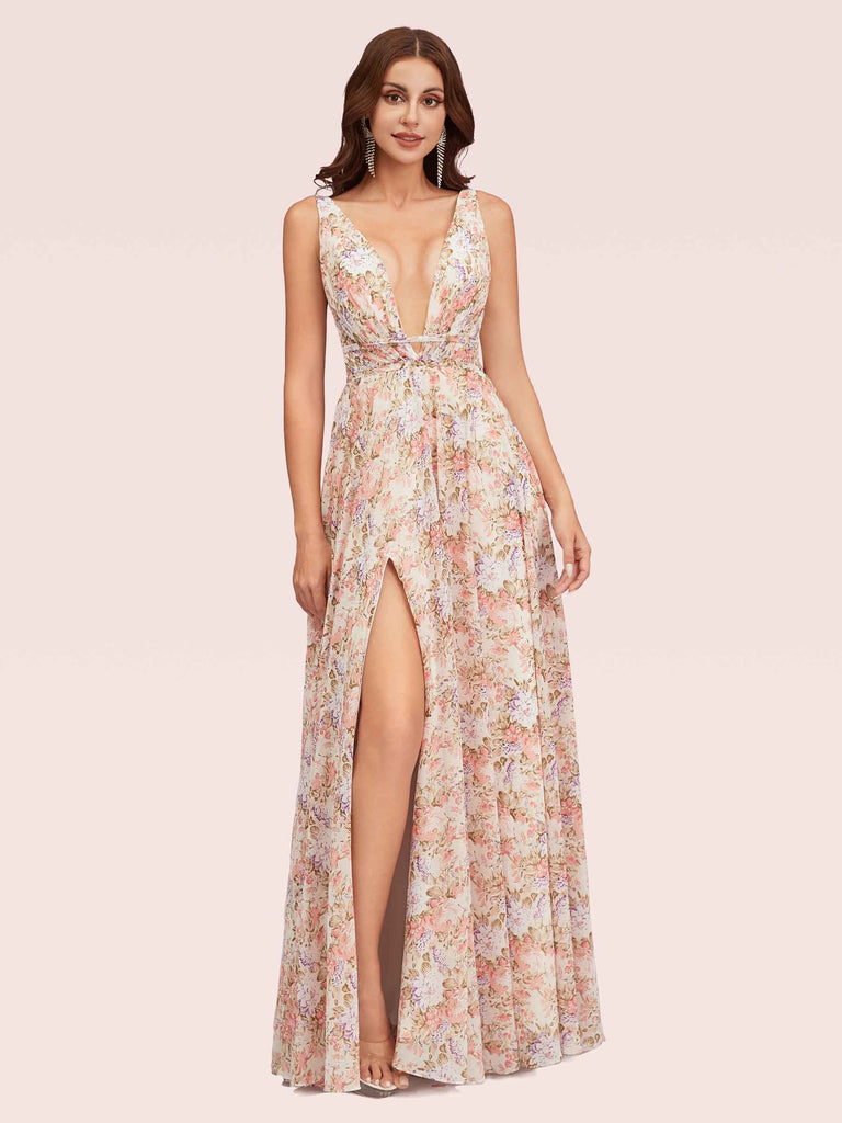 Cetims Sexy Deep V neck Side Split Unique Long Floral Bridesmaid Dresses Custom Color