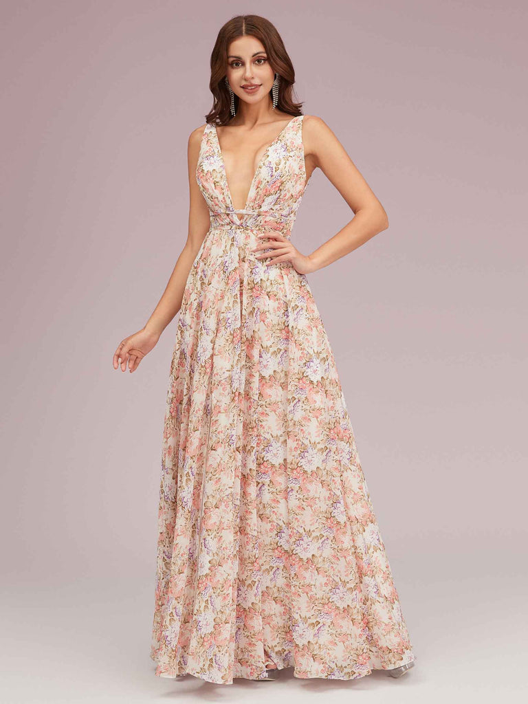 Sexy Deep V-neck Side Slit Unique Long Floral Bridesmaid Dresses Online