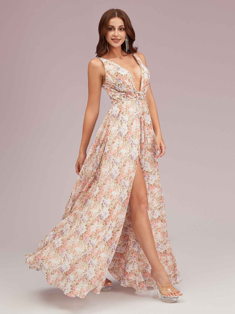 Sexy Deep V-neck Side Slit Unique Long Floral Formal Prom Dresses Online