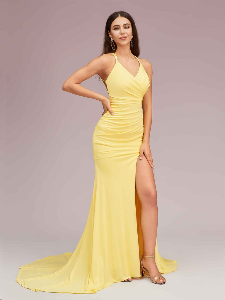 Sexy Spaghetti Straps Sleeveless Mermaid Jersey Long Formal Prom Dresses With Slit