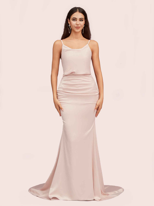 Sexy Backless Mermaid Spaghetti Straps Long Soft Satin Formal Prom Dresses Online