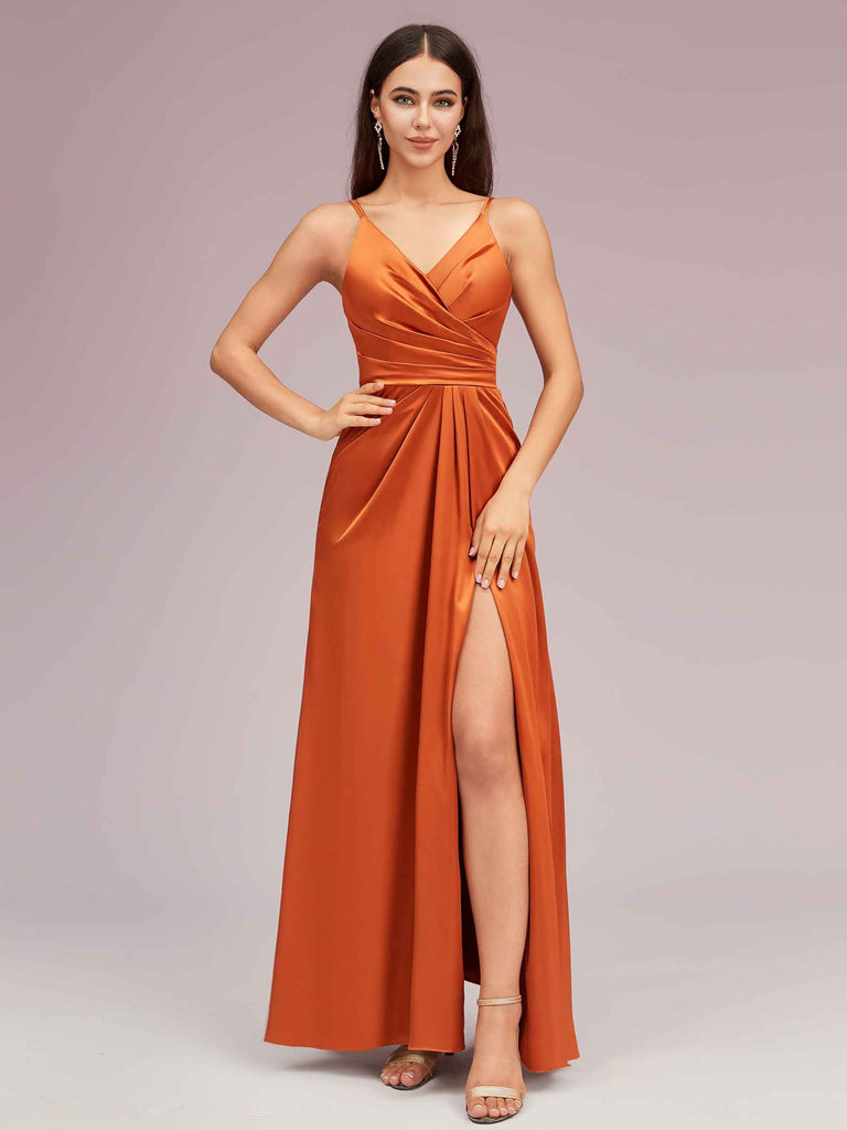 Modern Spaghetti Straps V-neck Side Slit Long Satin Party Prom Dresses With Slit Modern Spaghetti Straps V-neck Side Slit Long Satin Party Prom Dresses With Slit