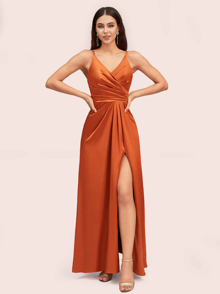 Cetims Chic Spaghetti Straps V Neck Long Satin Bridesmaid Dress With Side Split Ideal for Wedding Guests Orange
