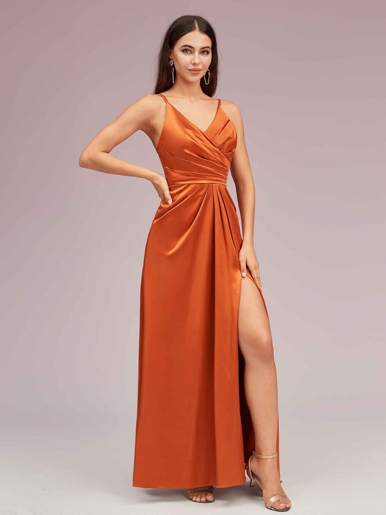 Modern Spaghetti Straps V-neck Side Slit Long Satin Party Prom Dresses With Slit Modern Spaghetti Straps V-neck Side Slit Long Satin Party Prom Dresses With Slit