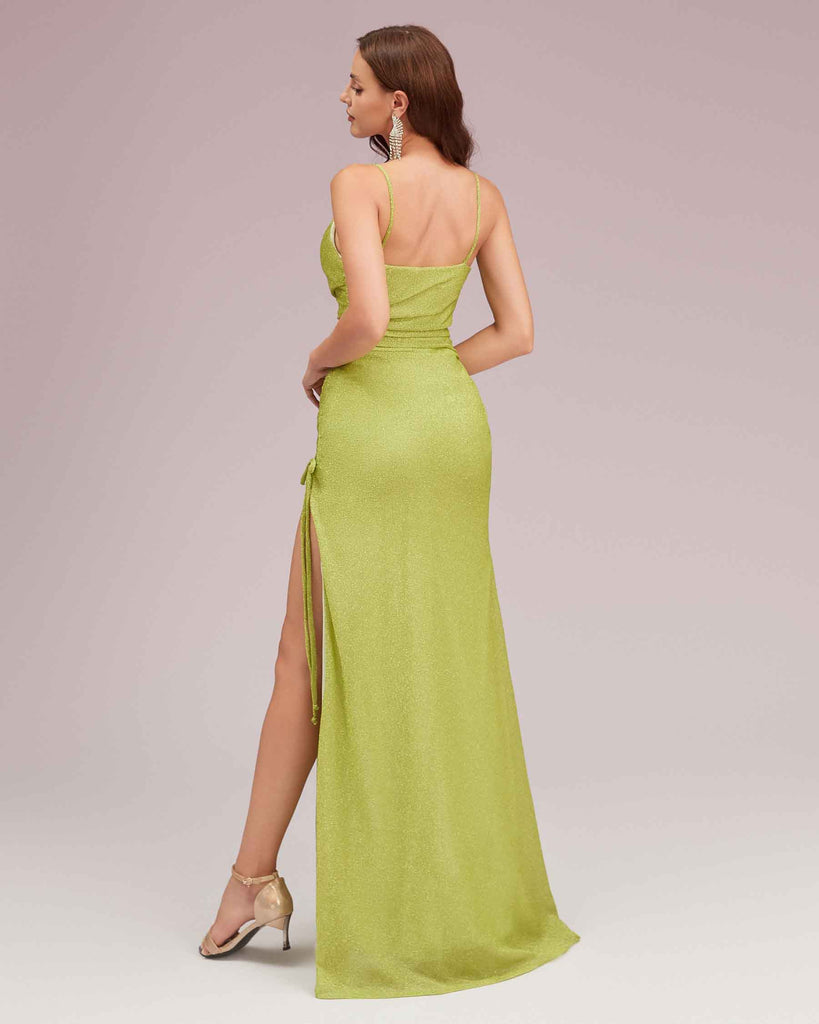 Sparkly Spaghetti Straps Green Side Slit Cheap Long Mermaid Prom Dresses