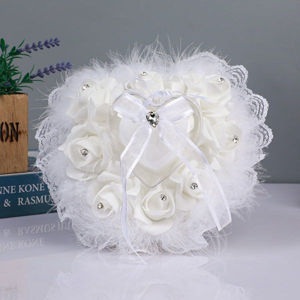 Heart-Shaped Rose Accessories Lace Creative Ostrich Feather Wedding Ring Pillow , JZH-5718