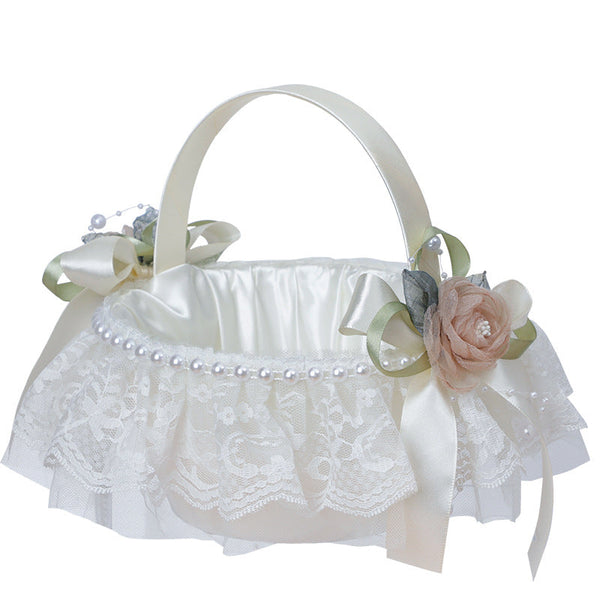 Pearl Bow Flower Decoration Lace Flower Basket Wedding Flower Portable Flower Basket, HL-5737