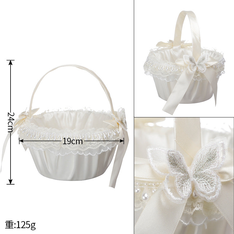 Wedding Flower Basket Flower Girl Bridesmaid Sprinkle Flower Basket White Bow Decoration, HL-5782