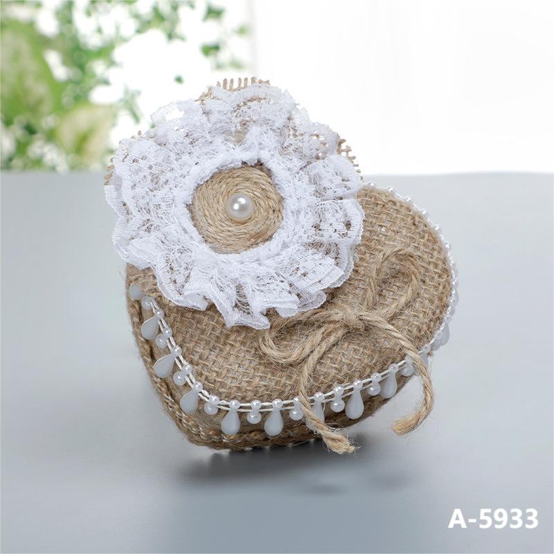 Heart-Shaped Linen Fabric Wedding Ring pillow Creative Lace Bowknot Ring Box Small Portable, JZH-5929